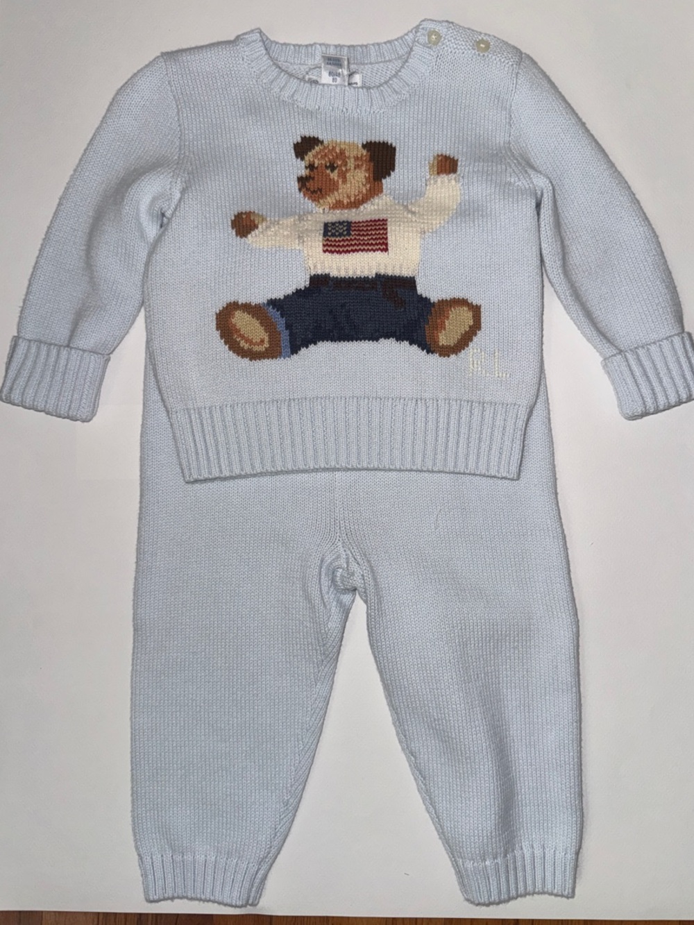 Ralph Lauren Light Blue Knit Teddy Bear Outfit